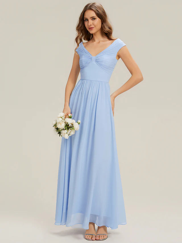 Romantic A-Line V-Neck Cap-Sleeve Zipper-Back Floor-Length Bridesmaid Dresses