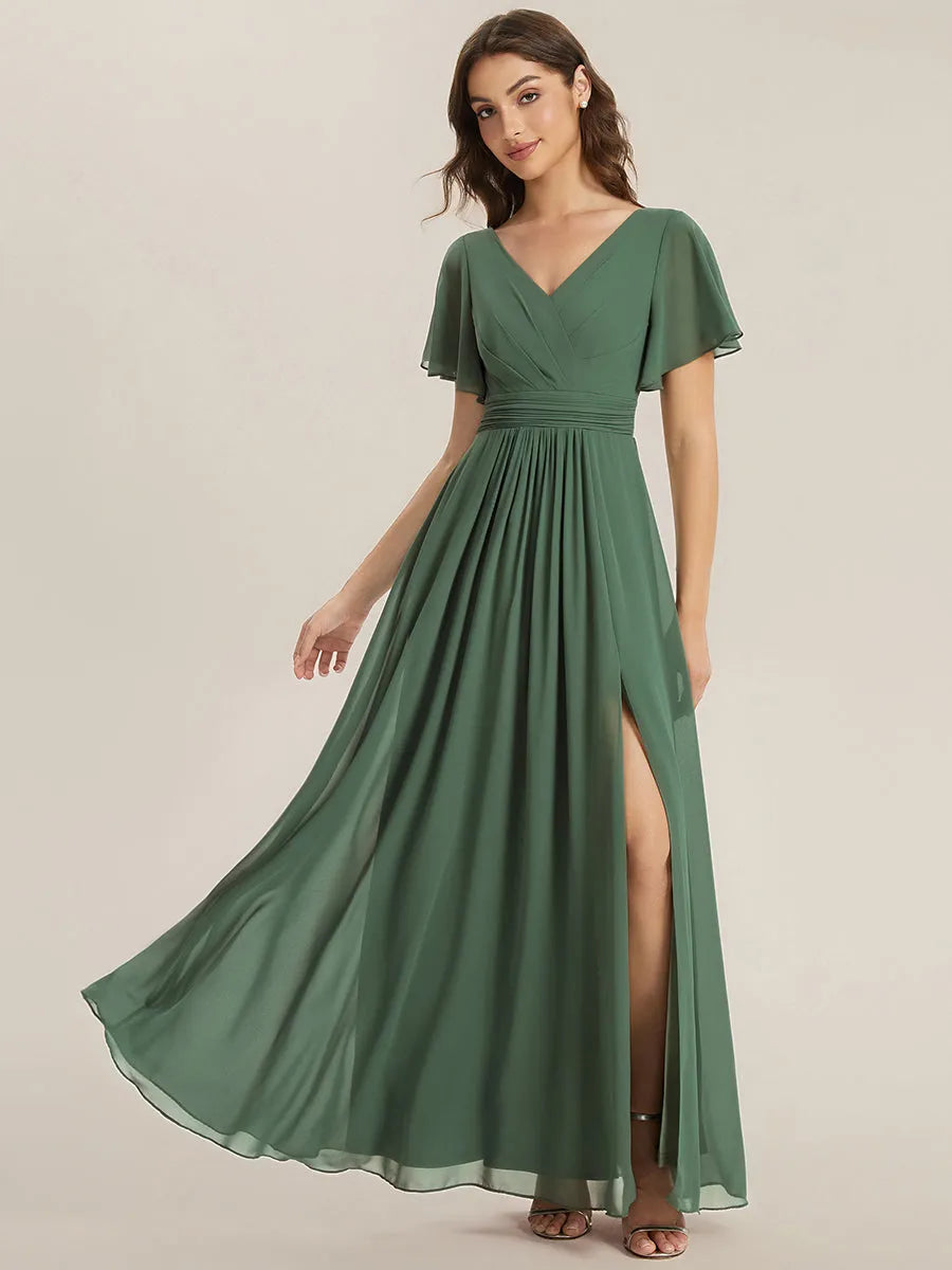 Romantic A-Line V-Neck Flutter-Sleeve Lace-Back Floor-Length Bridesmaid Dresses