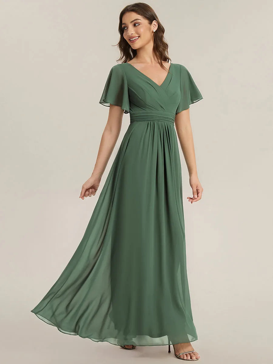 Romantic A-Line V-Neck Flutter-Sleeve Lace-Back Floor-Length Bridesmaid Dresses