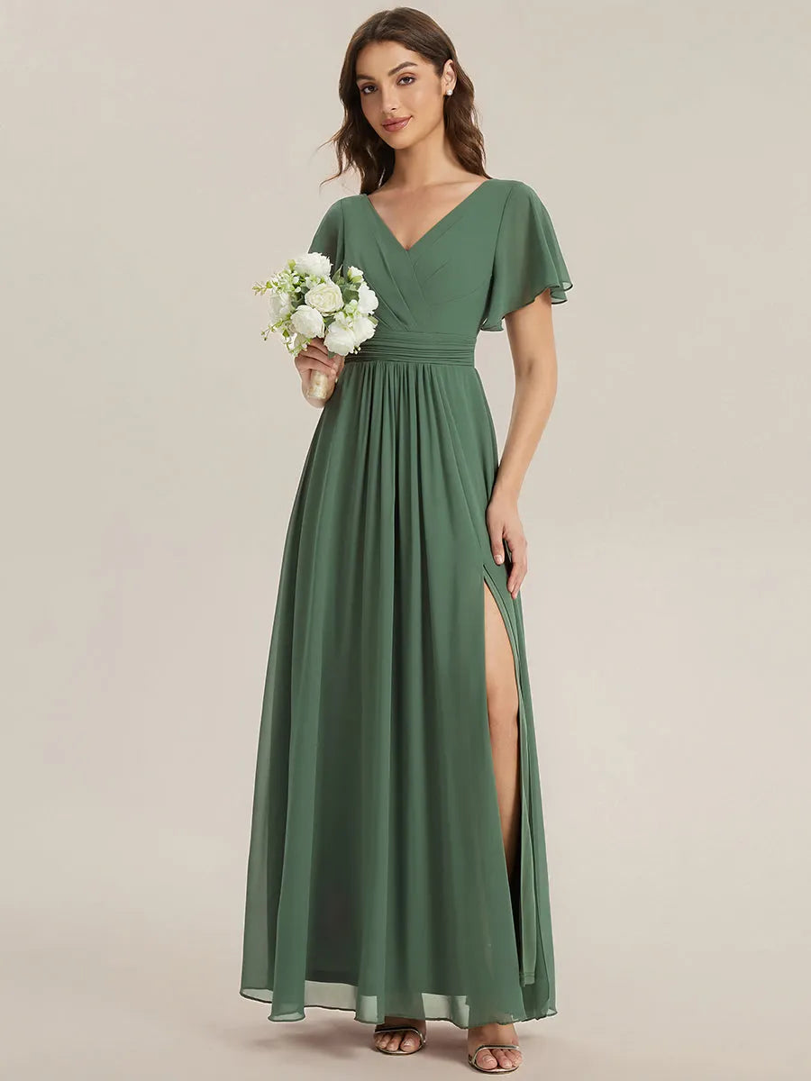 Romantic A-Line V-Neck Flutter-Sleeve Lace-Back Floor-Length Bridesmaid Dresses