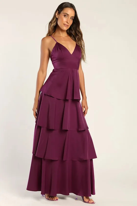 Romantic A-Line V-Neck Spaghetti-Strap Open-Back Tiered-Ruffle Floor-Length Prom Dress ﻿