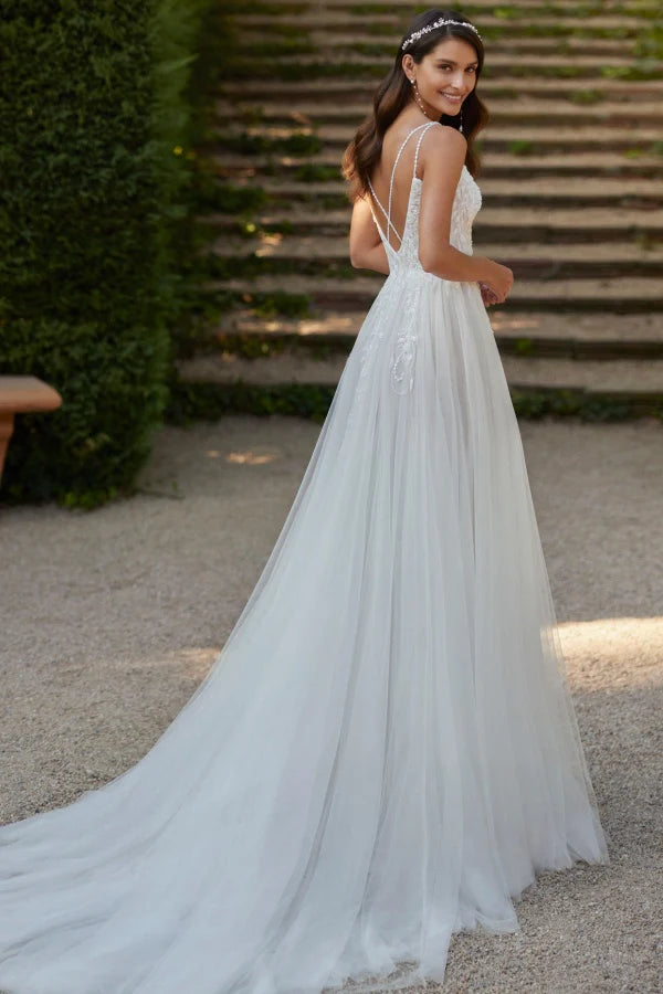 Romantic A-Line V-Neck Spaghetti Strap Lace Back  Appliques Sequins High Side Slit Train Wedding Dresses