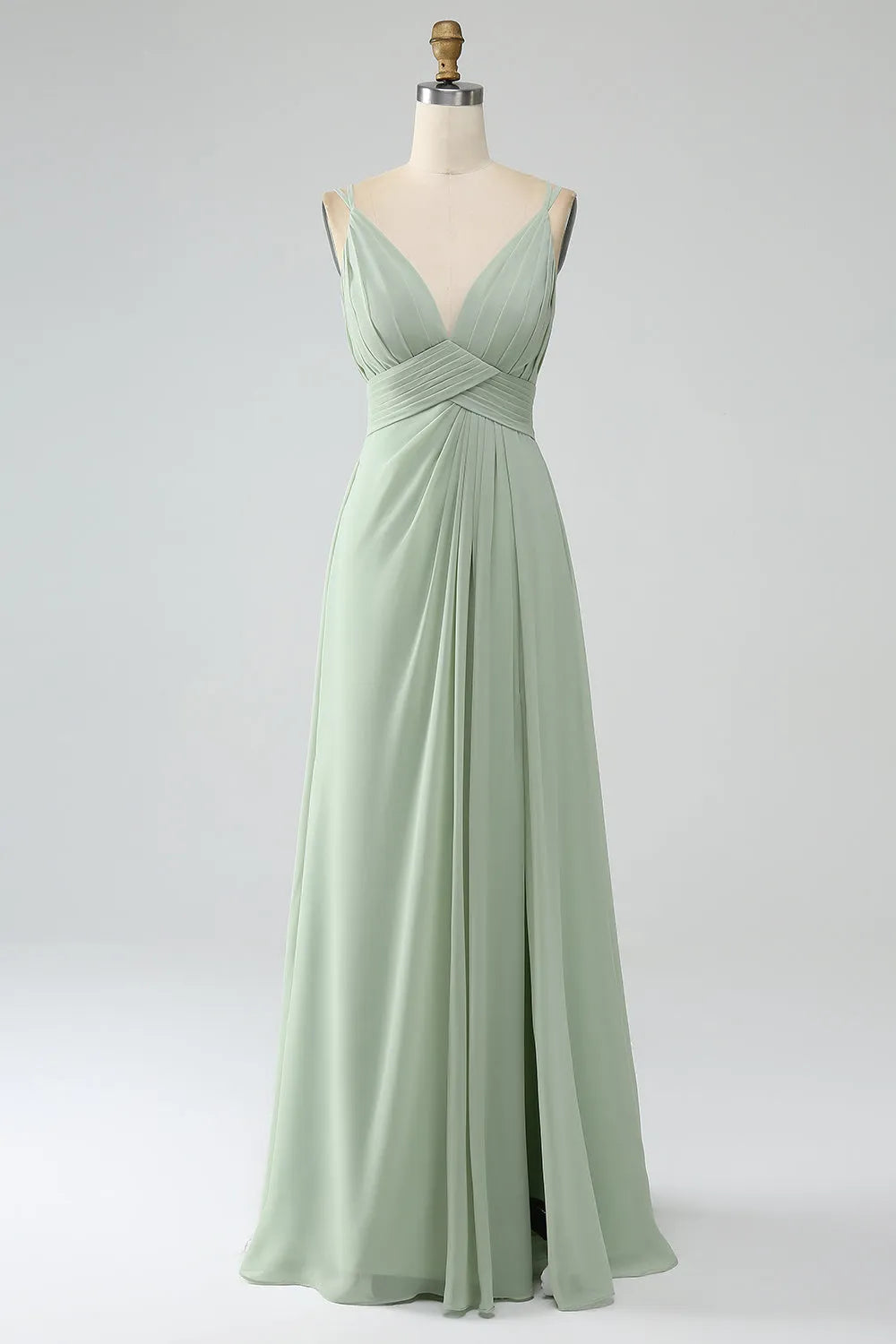 Romantic A-Line V-Neck Spaghetti Strap Lace Back Floor-Length Bridesmaid Dresses