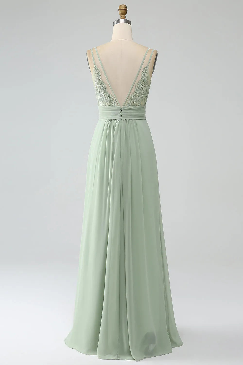 Romantic A-Line V-Neck Spaghetti Strap Lace Back Floor-Length Bridesmaid Dresses