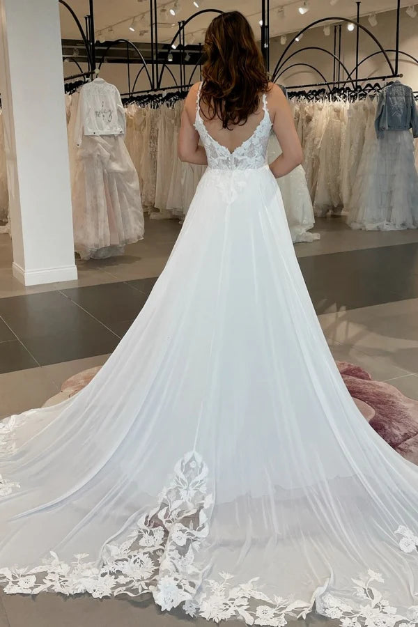 Romantic A-Line V-Neck Spaghetti Strap Lace Back Train Wedding Dresses