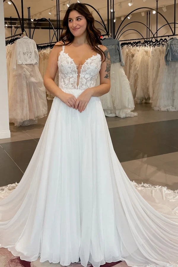 Romantic A-Line V-Neck Spaghetti Strap Lace Back Train Wedding Dresses