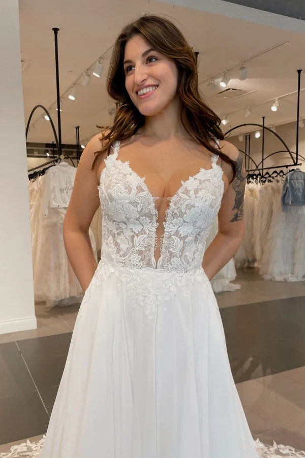 Romantic A-Line V-Neck Spaghetti Strap Lace Back Train Wedding Dresses