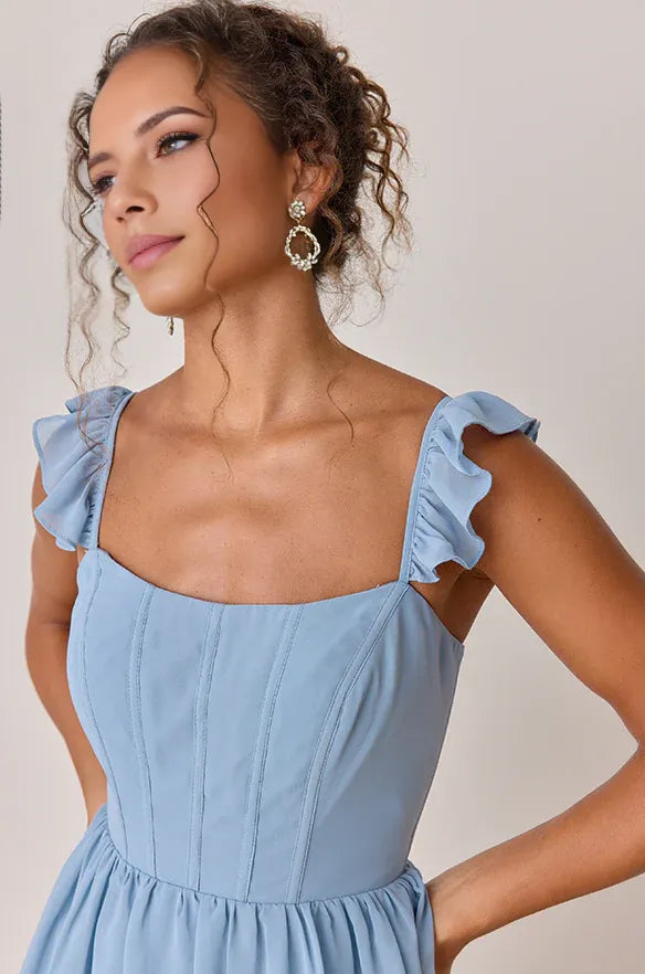 Romantic A-line Square Neckline Ruffle Strap Lace-Up Back Tiered High-Slit Floor-Length Chiffon Prom Dresses