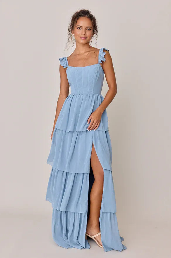 Romantic A-line Square Neckline Ruffle Strap Lace-Up Back Tiered High-Slit Floor-Length Chiffon Prom Dresses