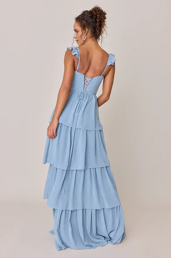 Romantic A-line Square Neckline Ruffle Strap Lace-Up Back Tiered High-Slit Floor-Length Chiffon Prom Dresses