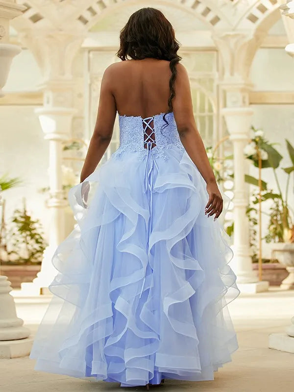 Romantic Ballgown Halter Neck Sleeveless Lace Up Back  Floor-Length Tulle Applique Long Plus Size Dresses