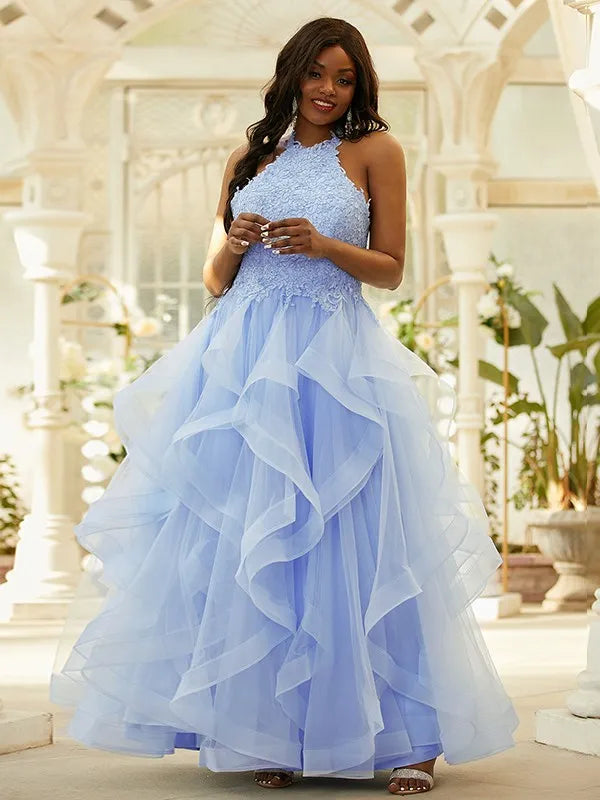 Romantic Ballgown Halter Neck Sleeveless Lace Up Back  Floor-Length Tulle Applique Long Plus Size Dresses