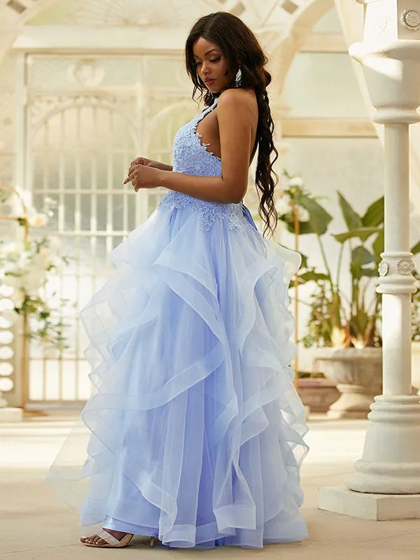Romantic Ballgown Halter Neck Sleeveless Lace Up Back  Floor-Length Tulle Applique Long Plus Size Dresses