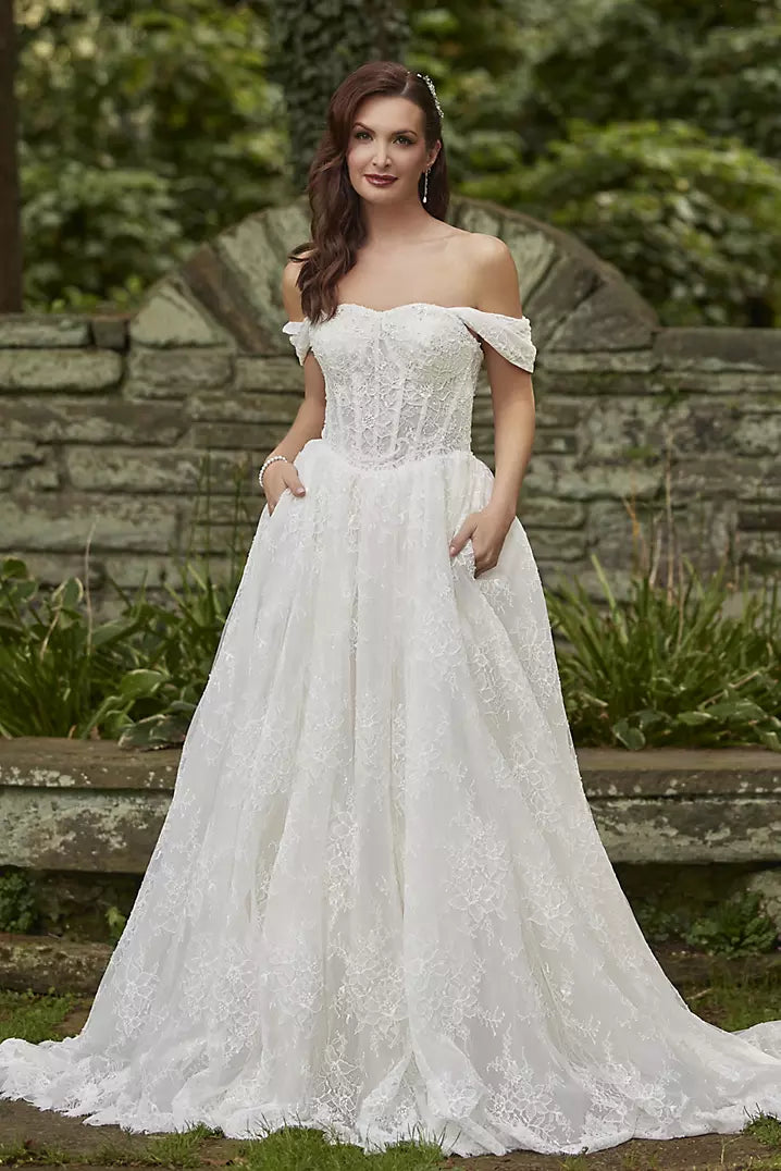 Romantic Ballgown Off-The-Shoulder Lace Sleeve Zipper Back Long Wedding Dresses
