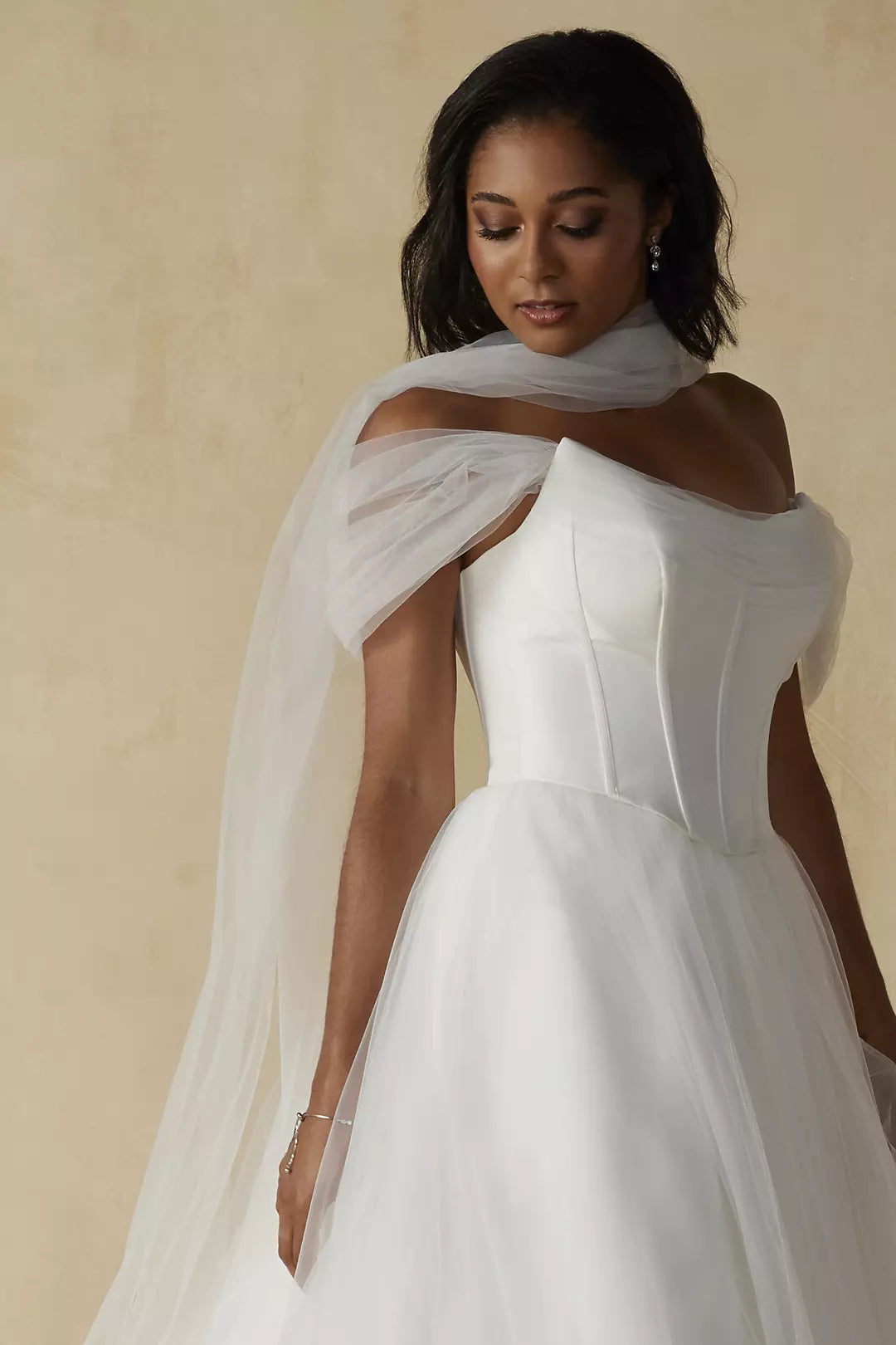 Romantic Ballgown Off-The-Shoulder Tulle Sleeve Lace Back Floor-Length Wedding Dresses