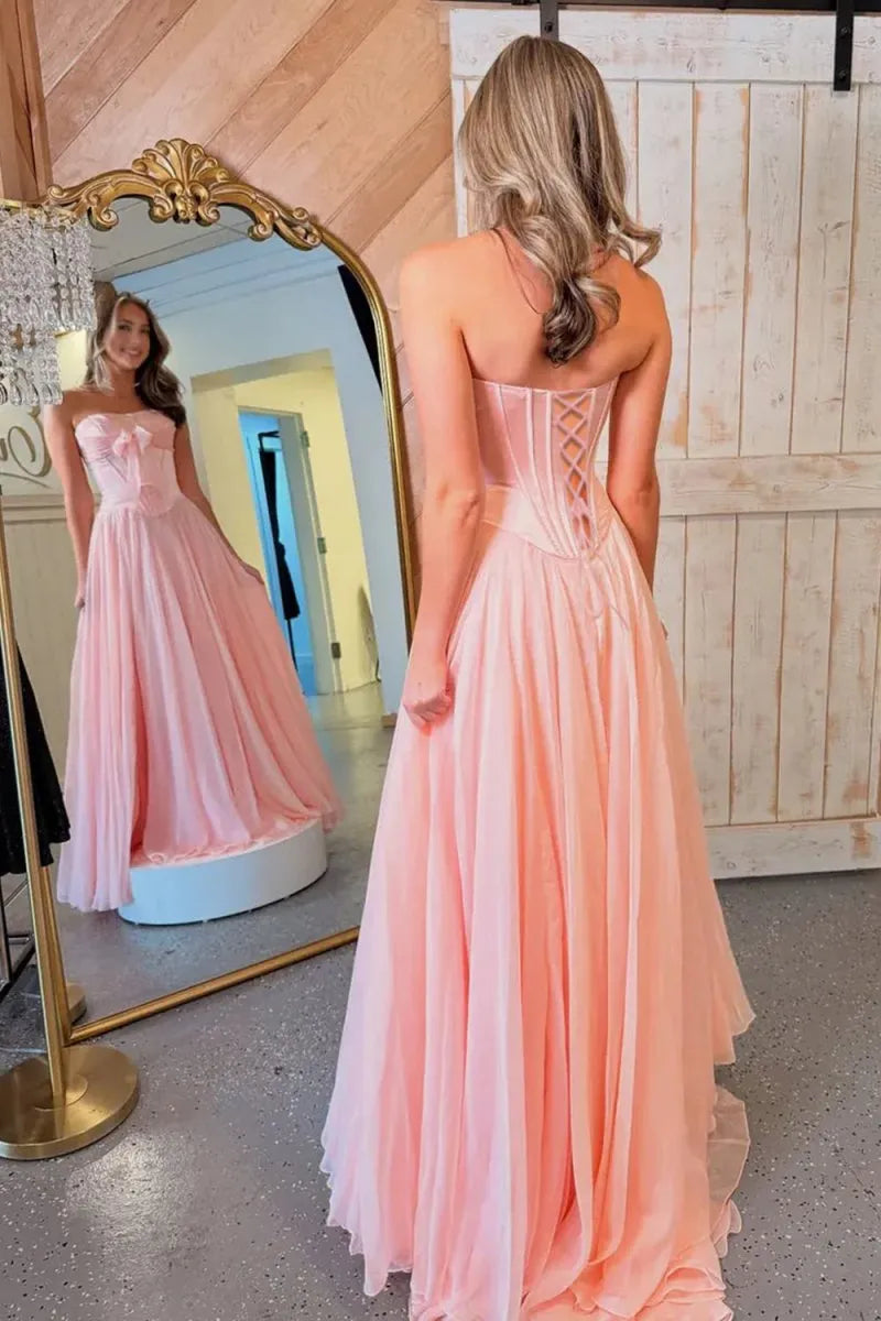 Romantic Ballgown Strapless Sleeveless Lace-Up-Back Floor-Length Prom Gown
