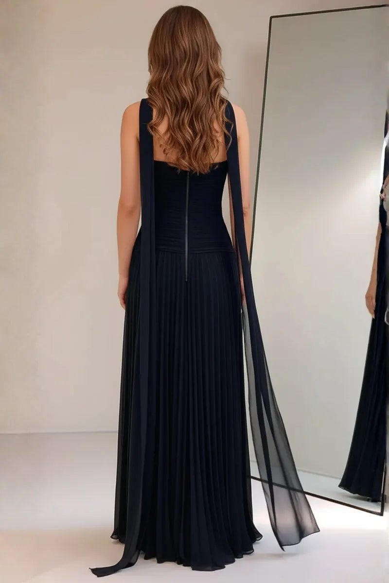 Romantic Black A-Line Halter Neck Sleeveless Pleated Back Zip Floor-Length Chiffon Prom Dress with Slit