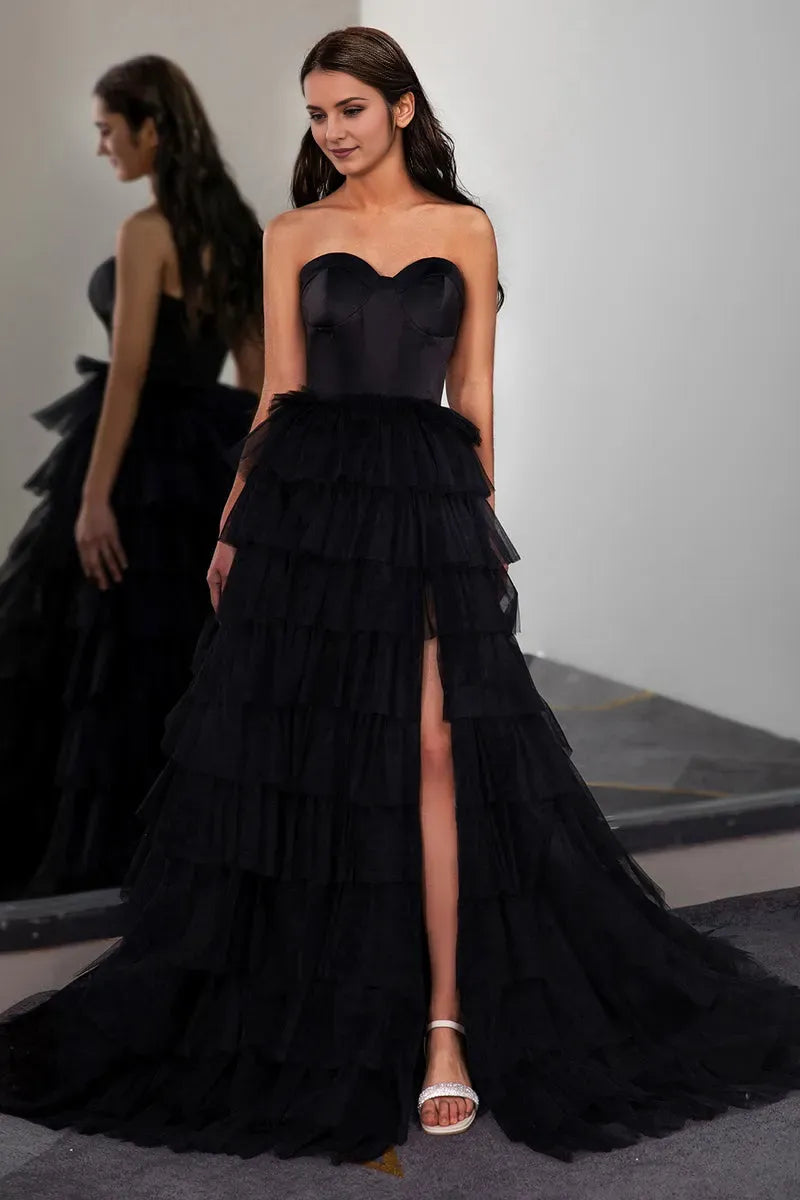 Romantic Black A-Line Sweetheart Neck Sleeveless Tiered Ruffled Tulle Lace Up High-Slit Floor-Length Prom Dresses