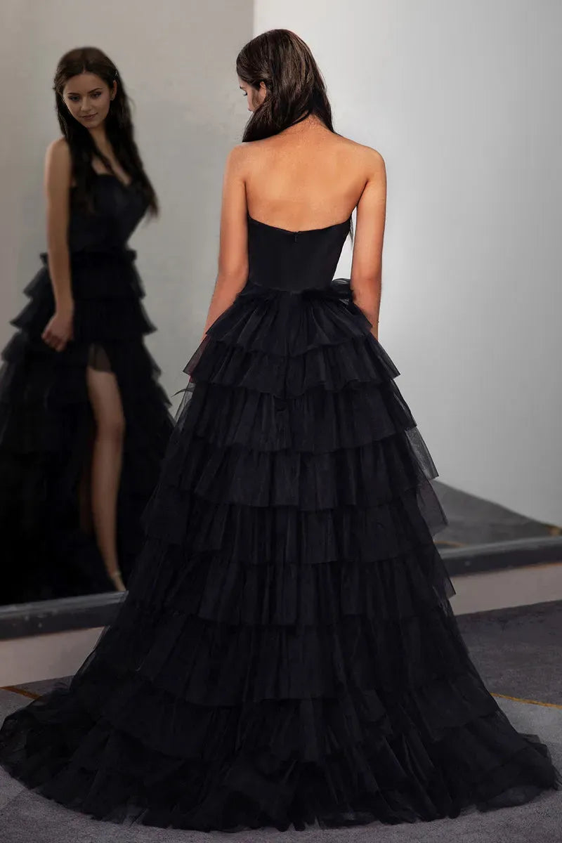 Romantic Black A-Line Sweetheart Neck Sleeveless Tiered Ruffled Tulle Lace Up High-Slit Floor-Length Prom Dresses