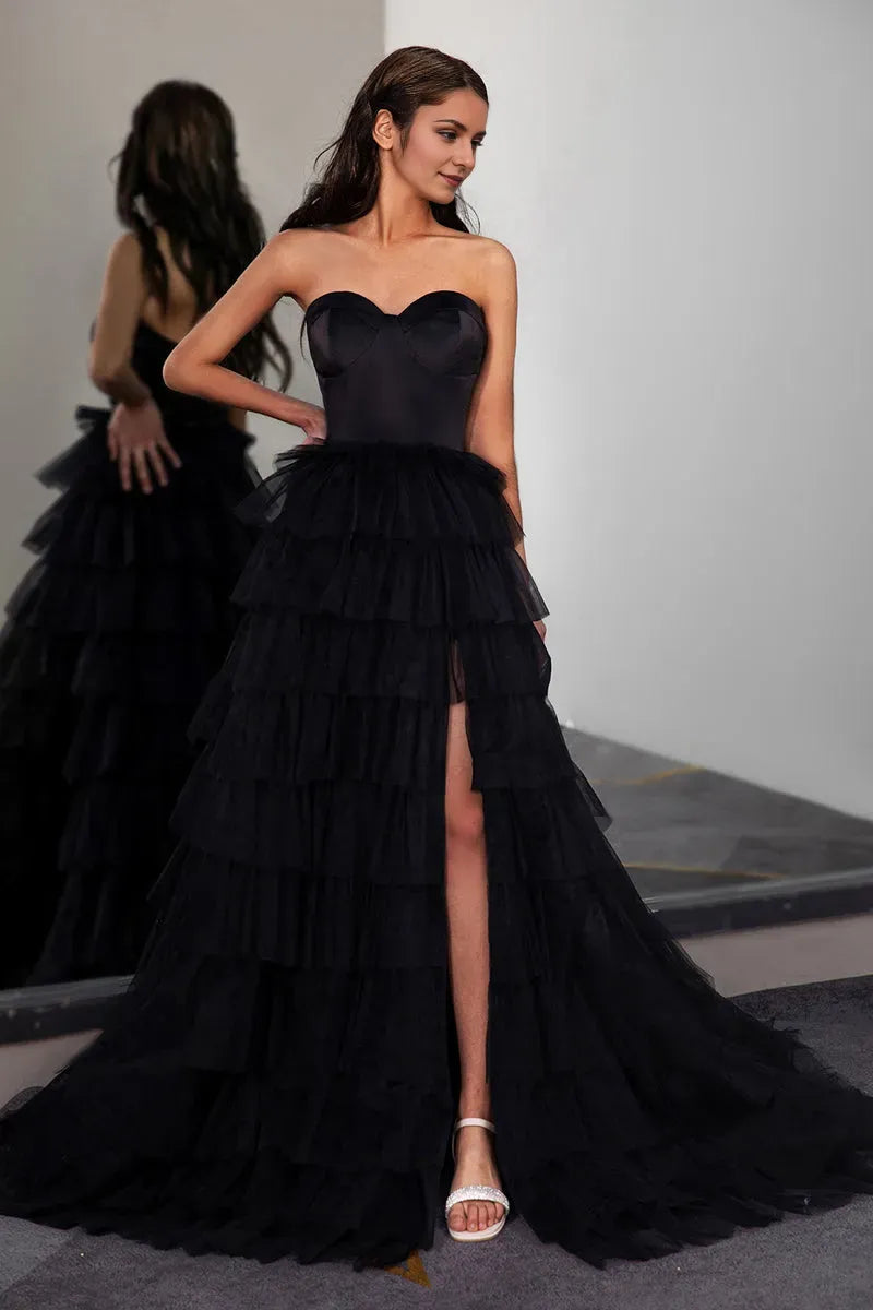 Romantic Black A-Line Sweetheart Neck Sleeveless Tiered Ruffled Tulle Lace Up High-Slit Floor-Length Prom Dresses