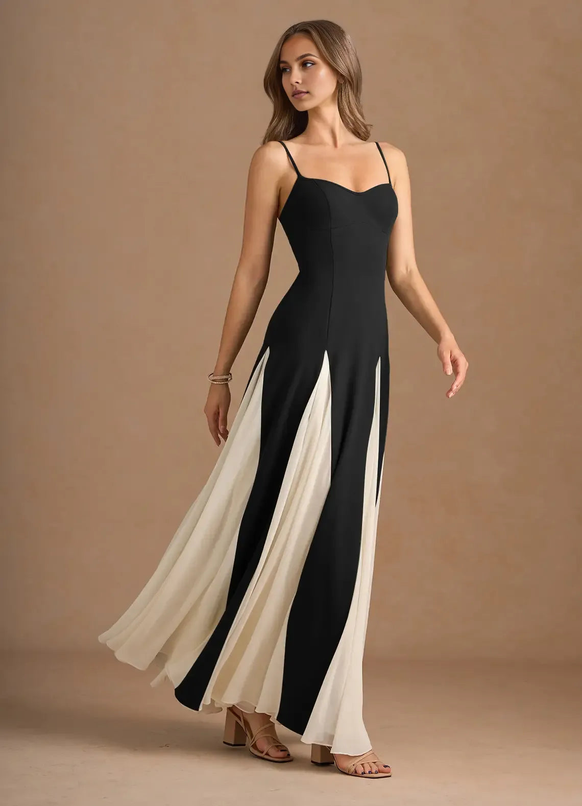 Romantic Black A-Line Sweetheart Neck Spaghetti Straps Back Zip Color-Block Floor-Length Prom Dresses