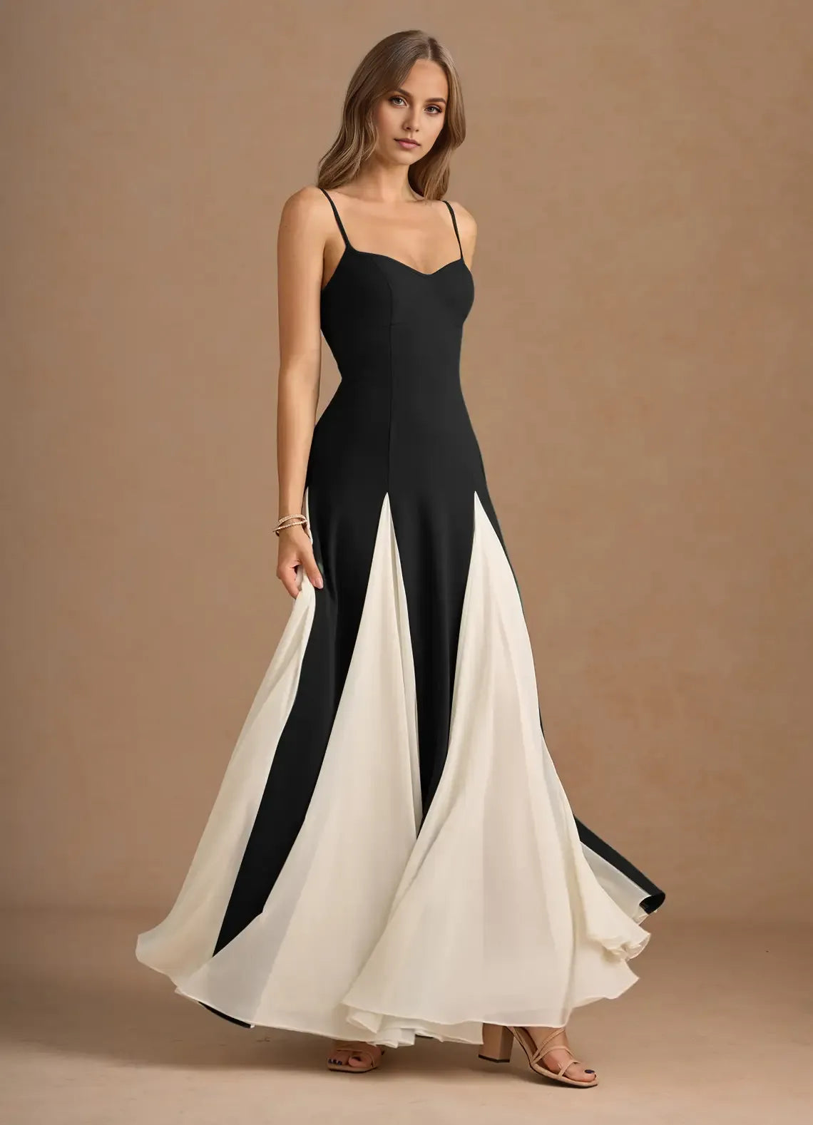 Romantic Black A-Line Sweetheart Neck Spaghetti Straps Back Zip Color-Block Floor-Length Prom Dresses