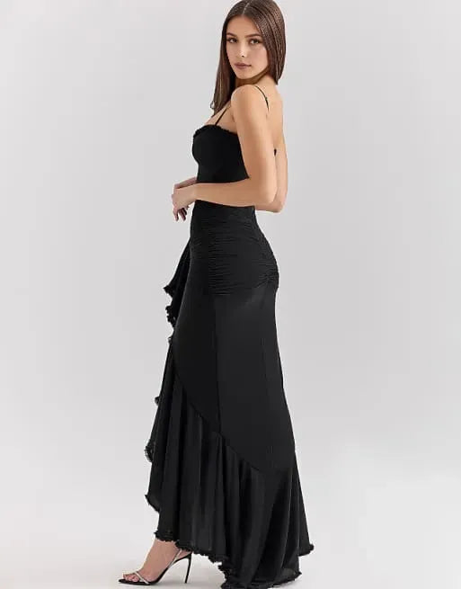 Romantic Black Mermaid Spaghetti-Straps Sleeveless Ruffle Ruffled Back Zip Floor-Length Prom Dresses