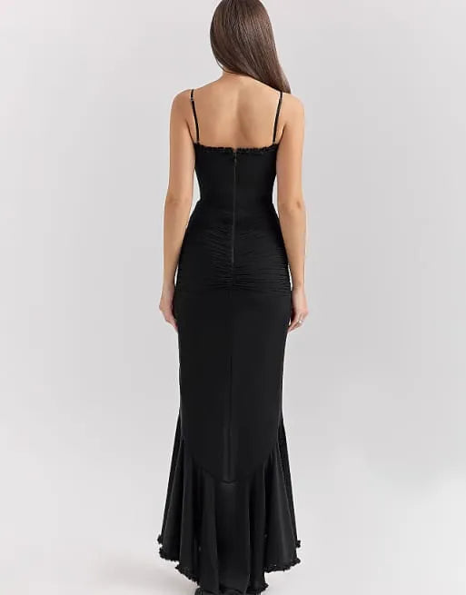 Romantic Black Mermaid Spaghetti-Straps Sleeveless Ruffle Ruffled Back Zip Floor-Length Prom Dresses