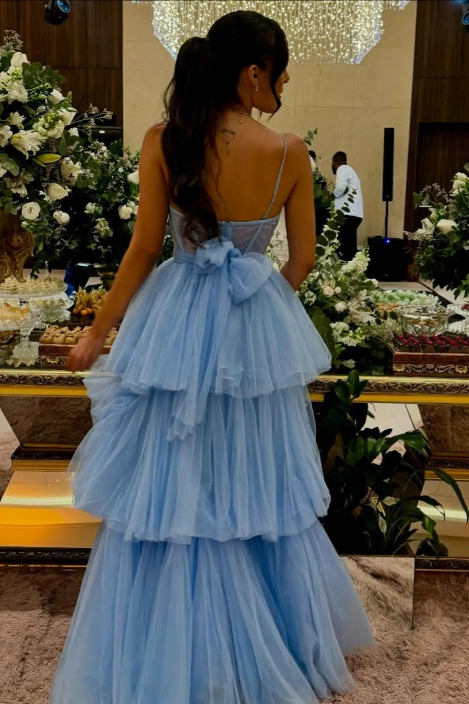 Romantic Blue A-line Sweetheart Neck Spaghetti Strap Ruffle Tiered Tulle Bow Back Back Zip Floor - Length Prom Dresses