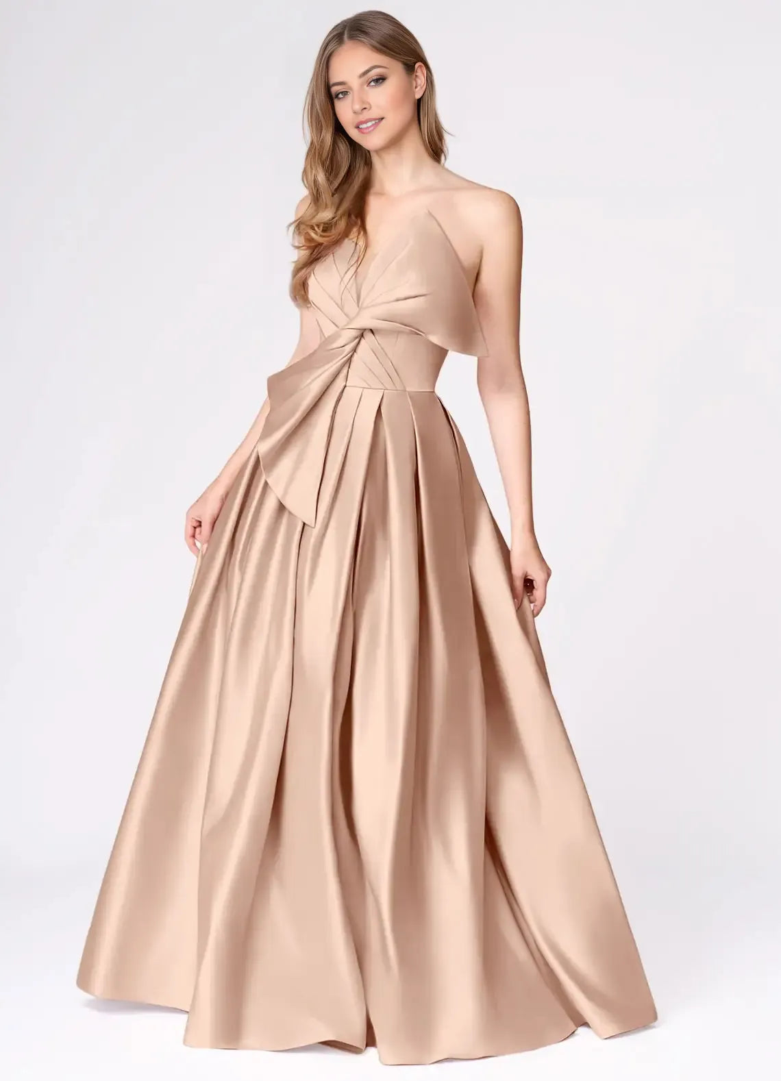 Romantic Blush Pink A-Line Illusion V-Neck Strapless Back Zip Floor-Length Twisted Oversized Bow High Slit Satin Prom Dress