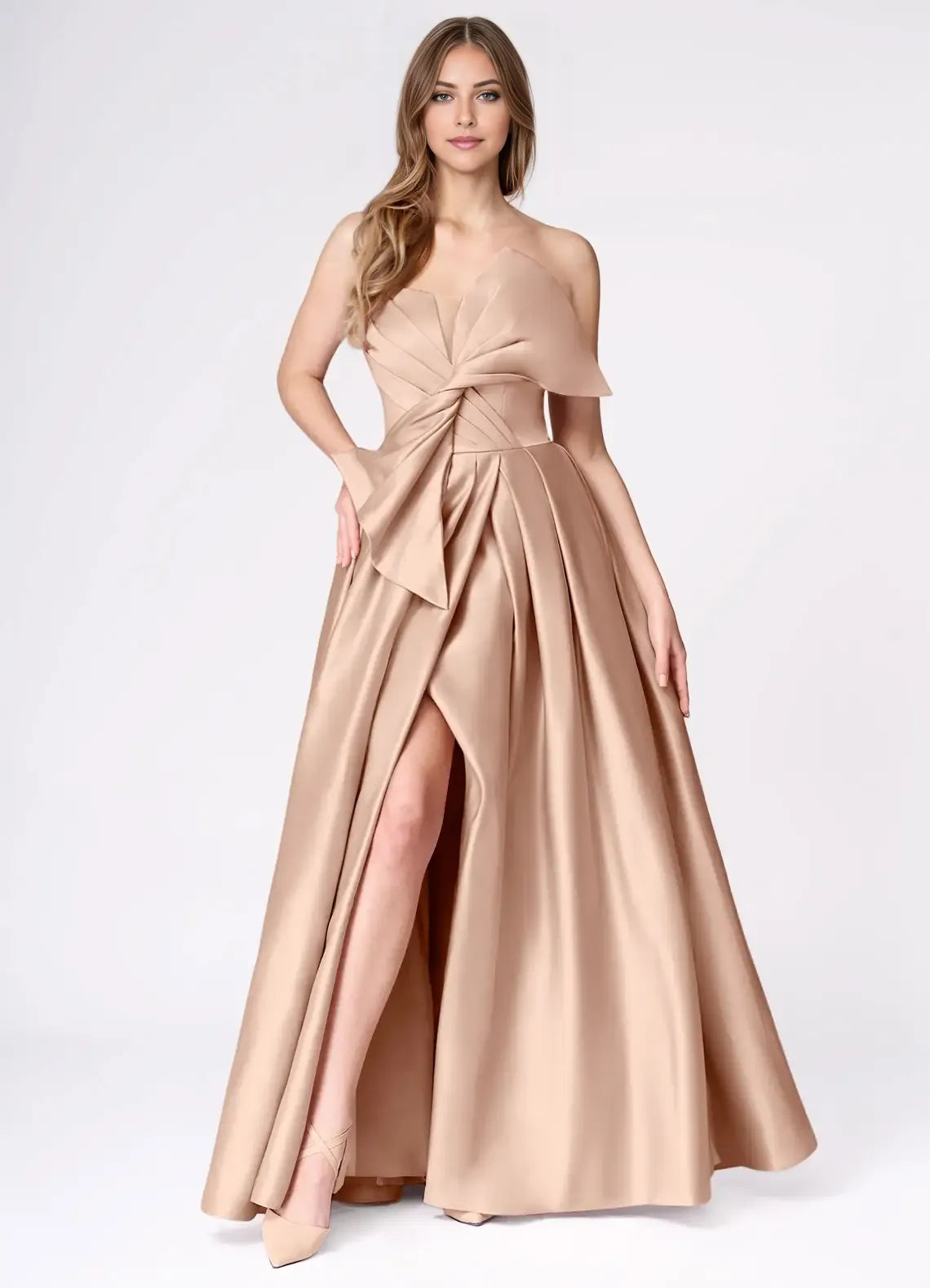 Romantic Blush Pink A-Line Illusion V-Neck Strapless Back Zip Floor-Length Twisted Oversized Bow High Slit Satin Prom Dress