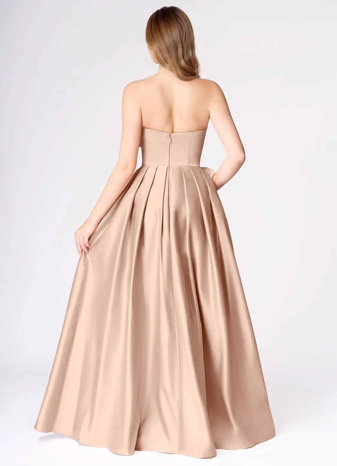 Romantic Blush Pink A-Line Illusion V-Neck Strapless Back Zip Floor-Length Twisted Oversized Bow High Slit Satin Prom Dress
