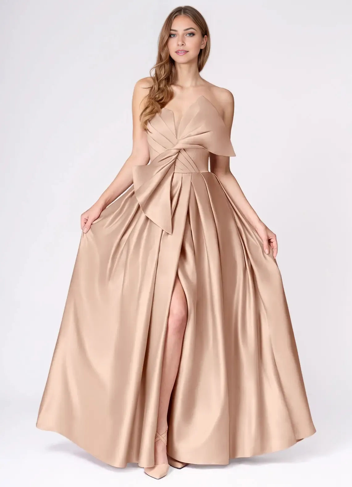 Romantic Blush Pink A-Line Illusion V-Neck Strapless Back Zip Floor-Length Twisted Oversized Bow High Slit Satin Prom Dress