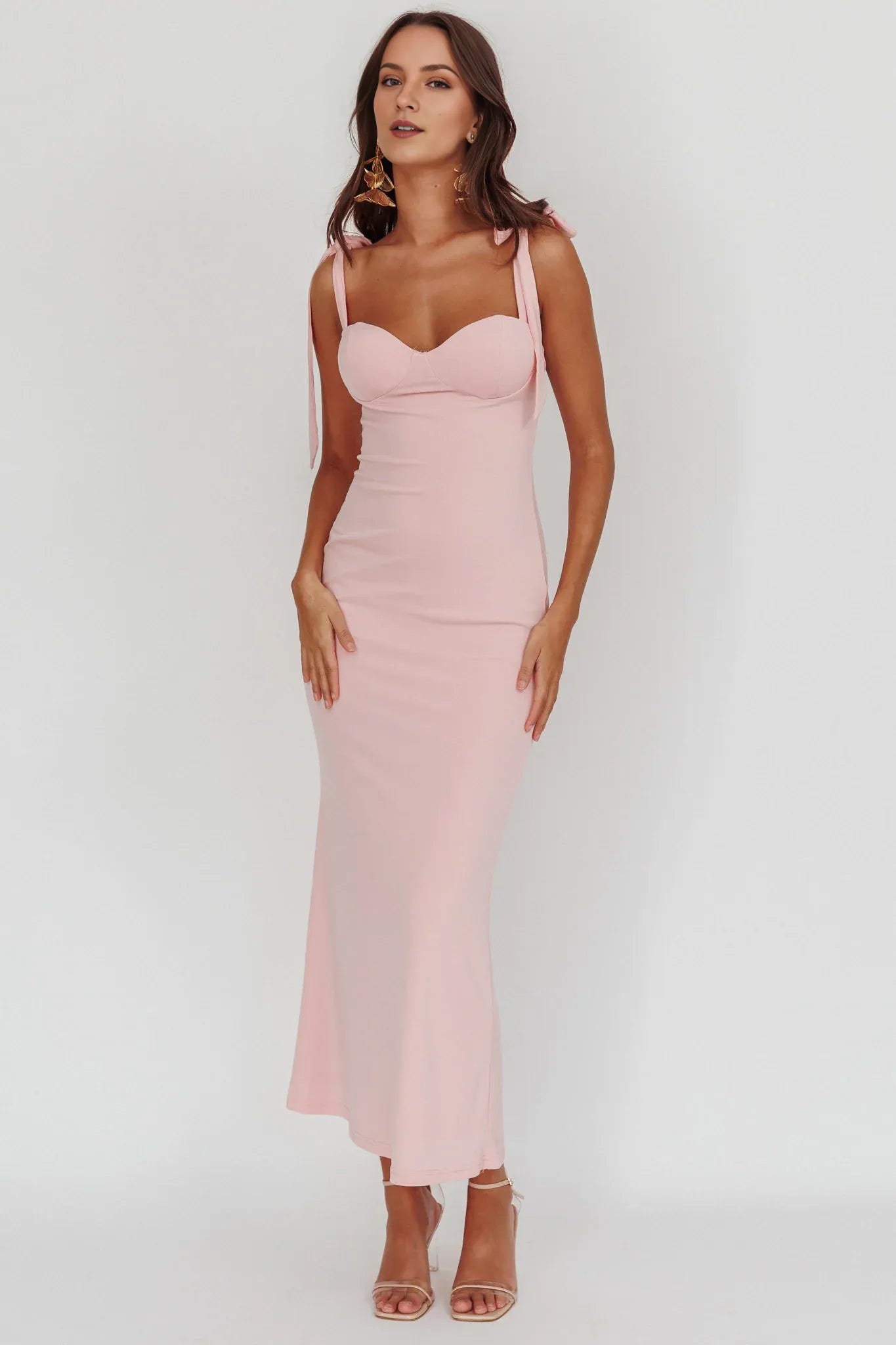 Romantic Blush Sheath Sweetheart neckline Tie-Shoulder Back Zip Invisible Ankle-Length Prom Dresses