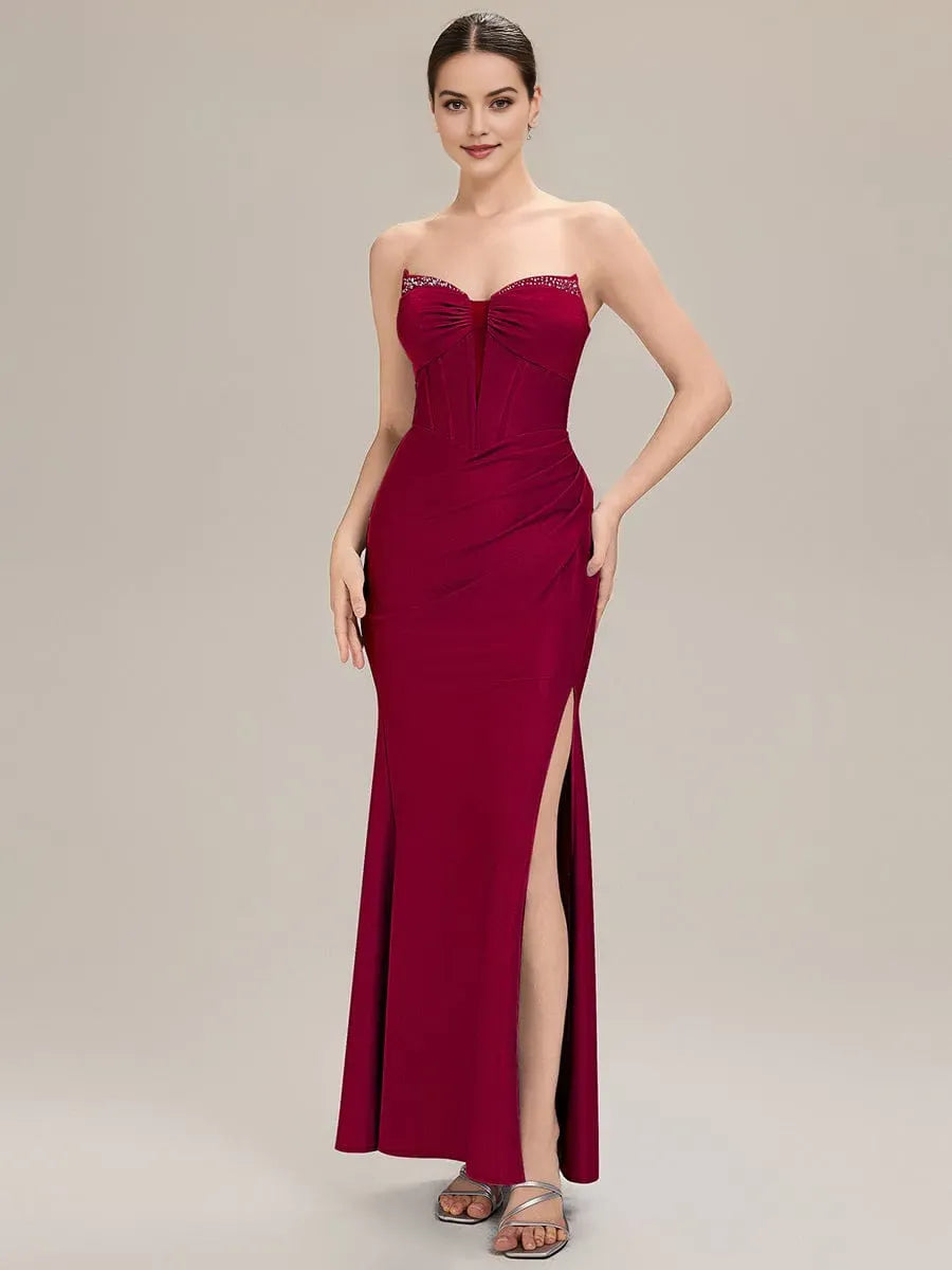 Romantic Burgundy Mermaid Strapless Sleeveless Ruched Bodice Lace-Up Back Floor-length High Slit Prom Dresses