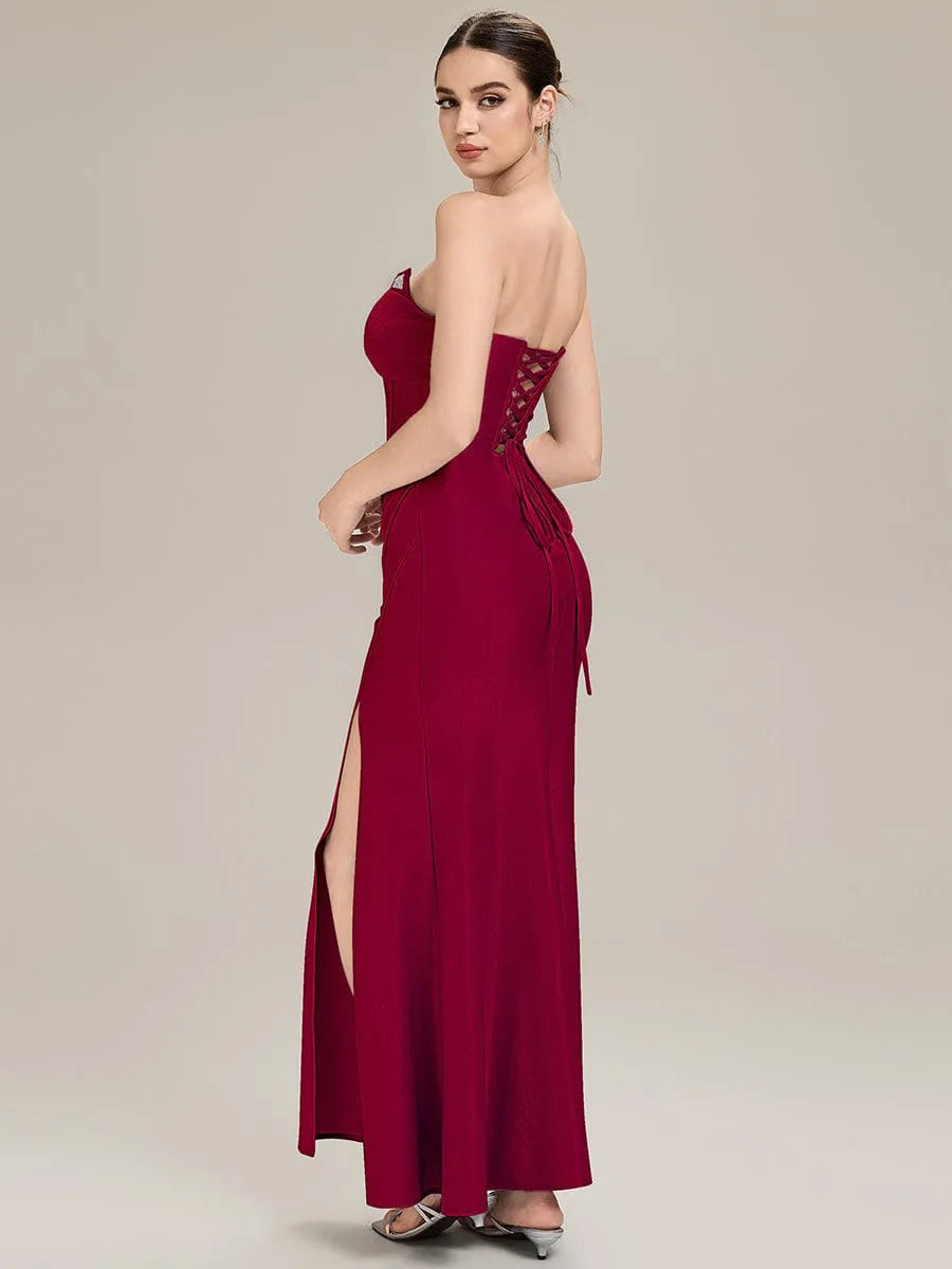 Romantic Burgundy Mermaid Strapless Sleeveless Ruched Bodice Lace-Up Back Floor-length High Slit Prom Dresses