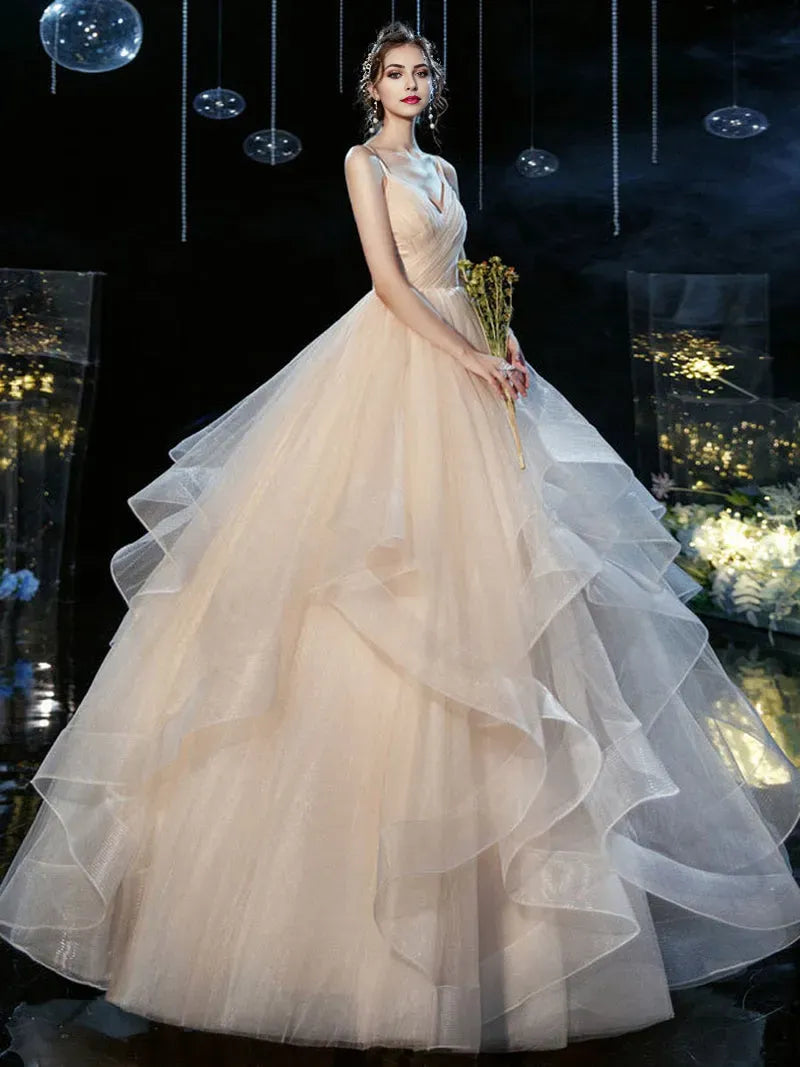Romantic Champagne A-Line V-neck Tulle Spaghetti Strap Lace-Up Floor-Length Wedding Dress Custom