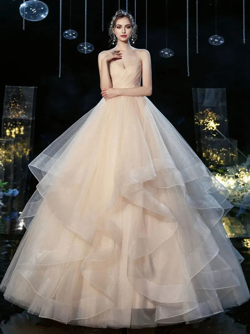 Romantic Champagne A-Line V-neck Tulle Spaghetti Strap Lace-Up Floor-Length Wedding Dress Custom