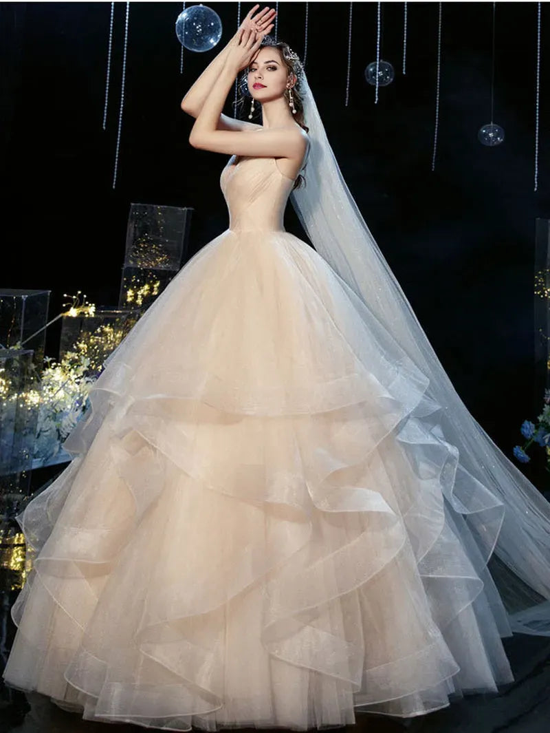 Romantic Champagne A-Line V-neck Tulle Spaghetti Strap Lace-Up Floor-Length Wedding Dress Custom
