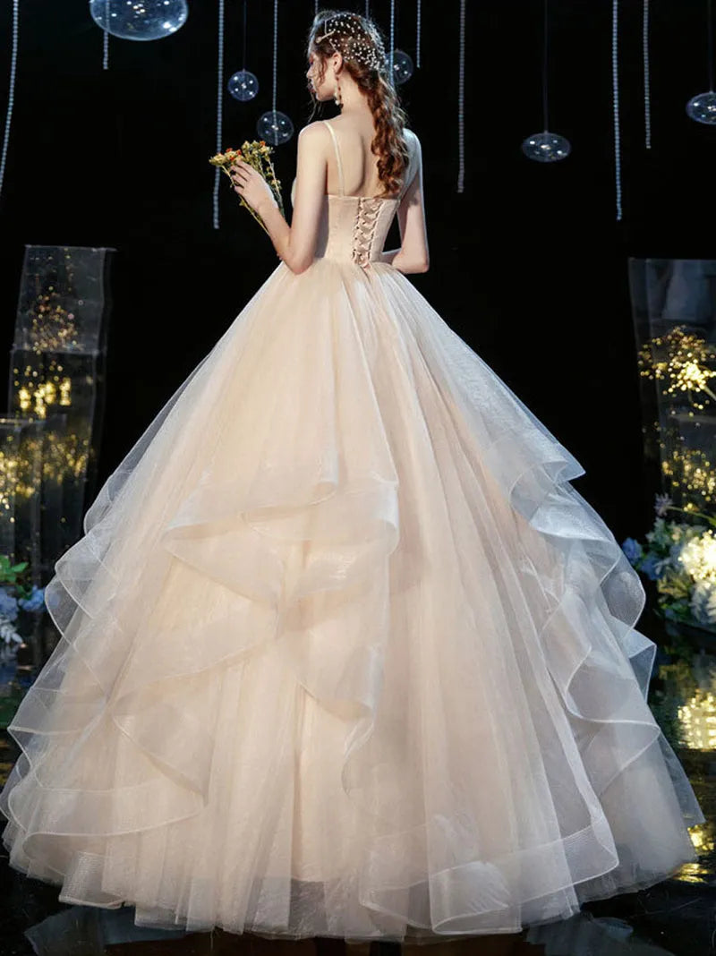 Romantic Champagne A-Line V-neck Tulle Spaghetti Strap Lace-Up Floor-Length Wedding Dress Custom