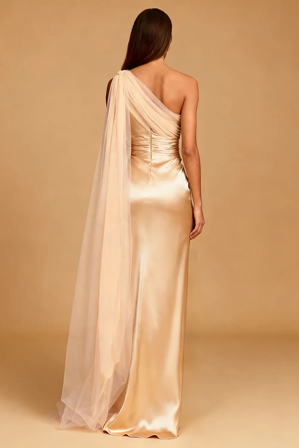 Romantic Champagne Mermaid One-Shoulder Sleeveless Tulle-Cape Ruched Back Zip Floor-Length Prom Dresses with Slit