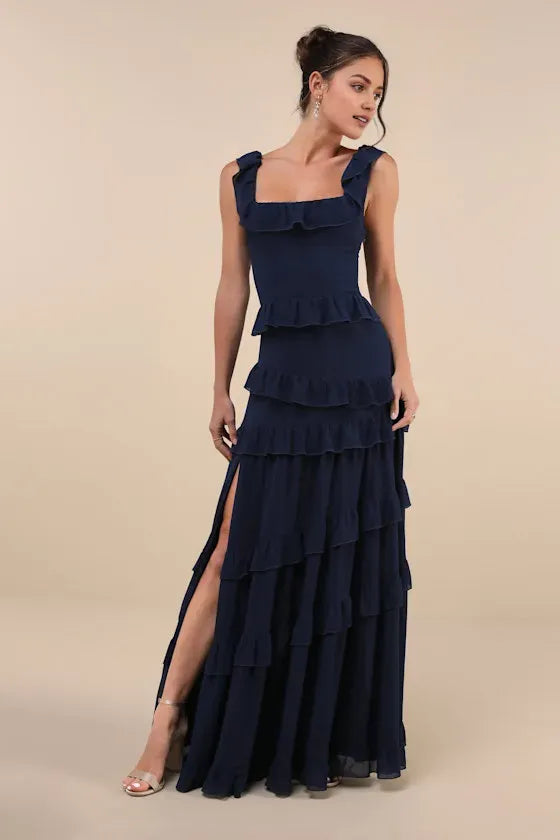 Romantic Dark Blue A-Line Square-Neck Sleeveless Back Zip Back Floor-Length Ruffled Tiered Prom Dress with Slit