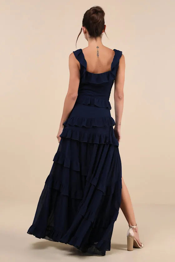 Romantic Dark Blue A-Line Square-Neck Sleeveless Back Zip Back Floor-Length Ruffled Tiered Prom Dress with Slit