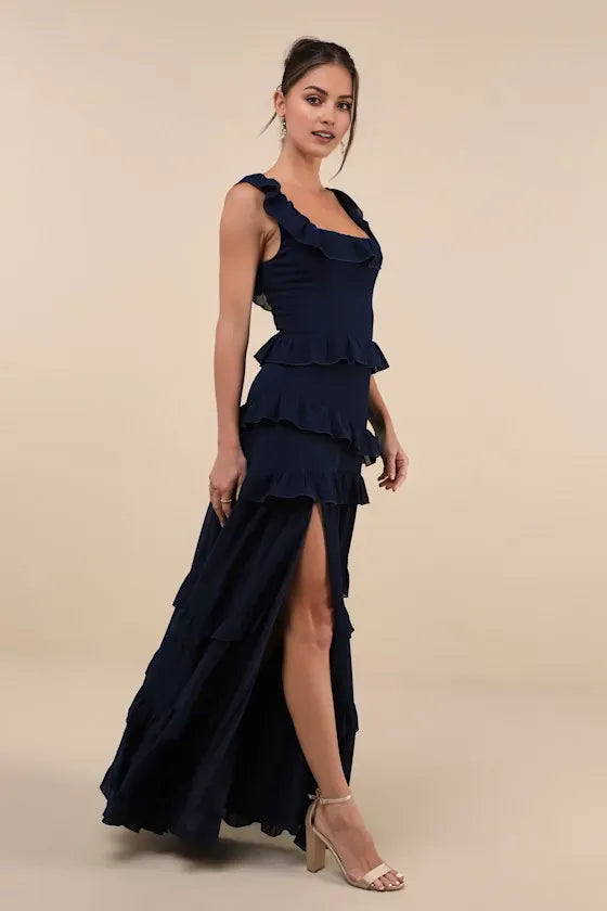 Romantic Dark Blue A-Line Square-Neck Sleeveless Back Zip Back Floor-Length Ruffled Tiered Prom Dress with Slit