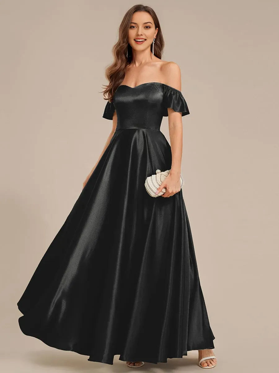 Romantic Dark Green A-Line Off-Shoulder Ruffle Sleeve Ruffled Lace-Up Back Satin Floor-Length Prom Dresses