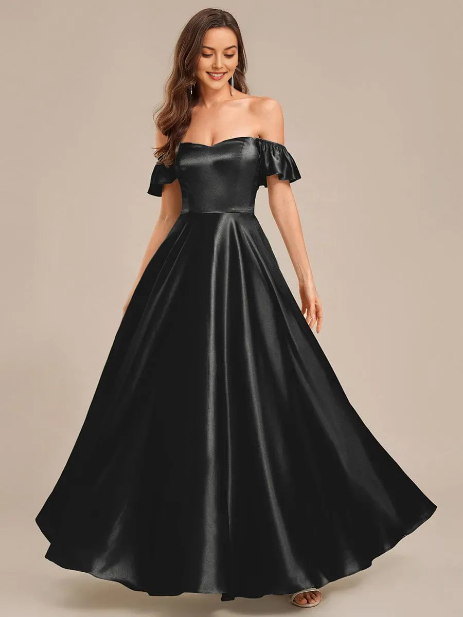 Romantic Dark Green A-Line Off-Shoulder Ruffle Sleeve Ruffled Lace-Up Back Satin Floor-Length Prom Dresses