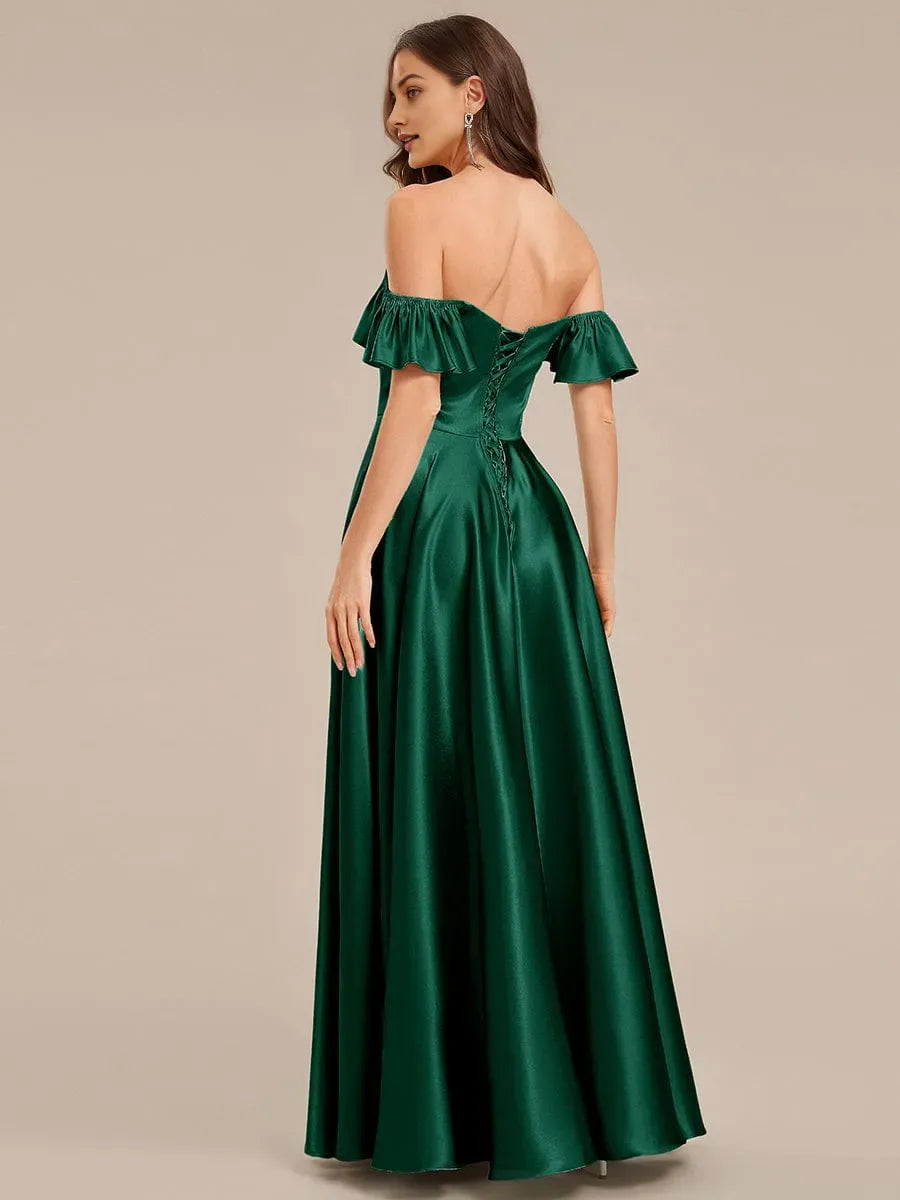Romantic Dark Green A-Line Off-Shoulder Ruffle Sleeve Ruffled Lace-Up Back Satin Floor-Length Prom Dresses