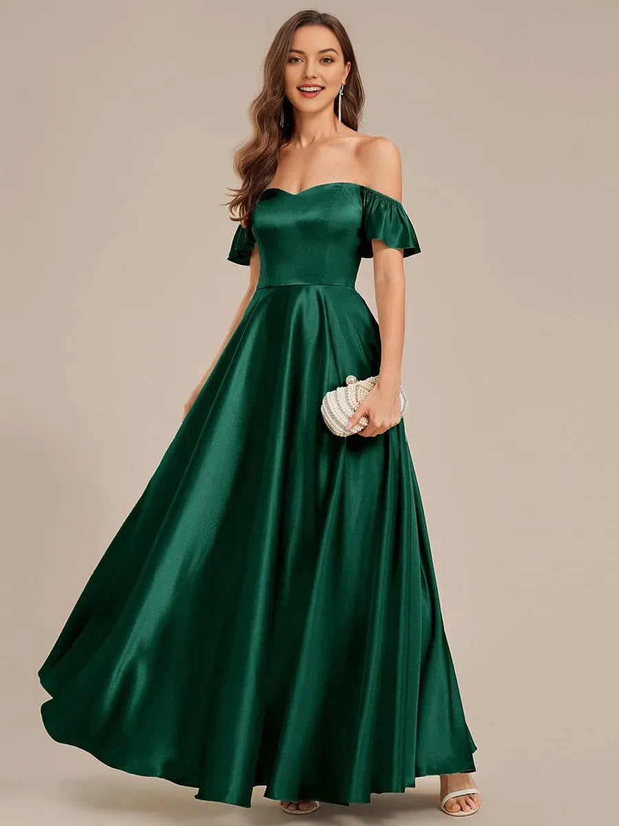 Romantic Dark Green A-Line Off-Shoulder Ruffle Sleeve Ruffled Lace-Up Back Satin Floor-Length Prom Dresses