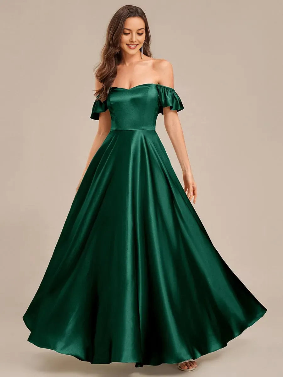 Romantic Dark Green A-Line Off-Shoulder Ruffle Sleeve Ruffled Lace-Up Back Satin Floor-Length Prom Dresses
