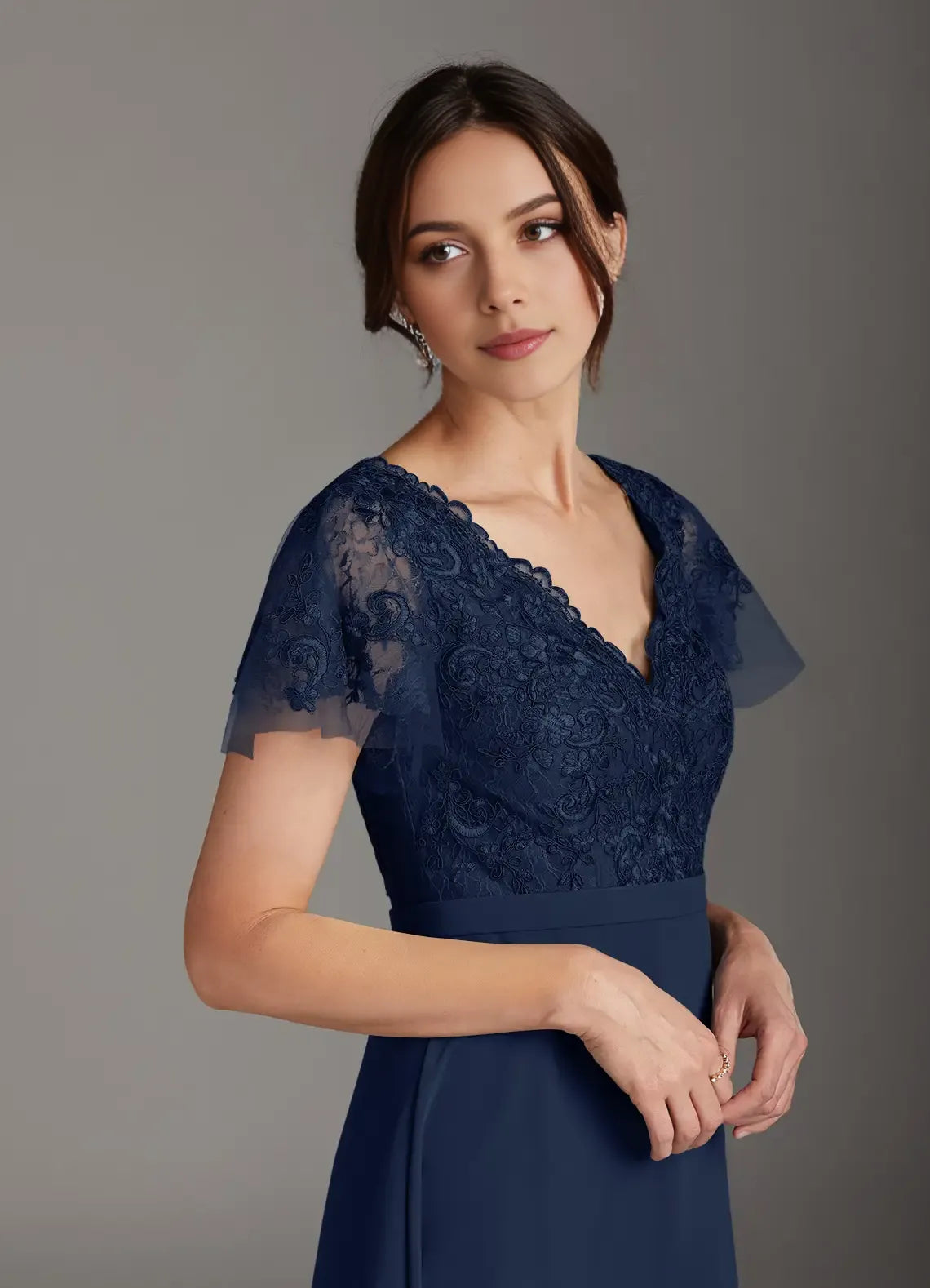 Romantic Dark Navy A-Line V-Neck Flutter Sleeve Lace-Embellished Back Zip Floor-Length Mother of the Bride Dress Hot Sale
